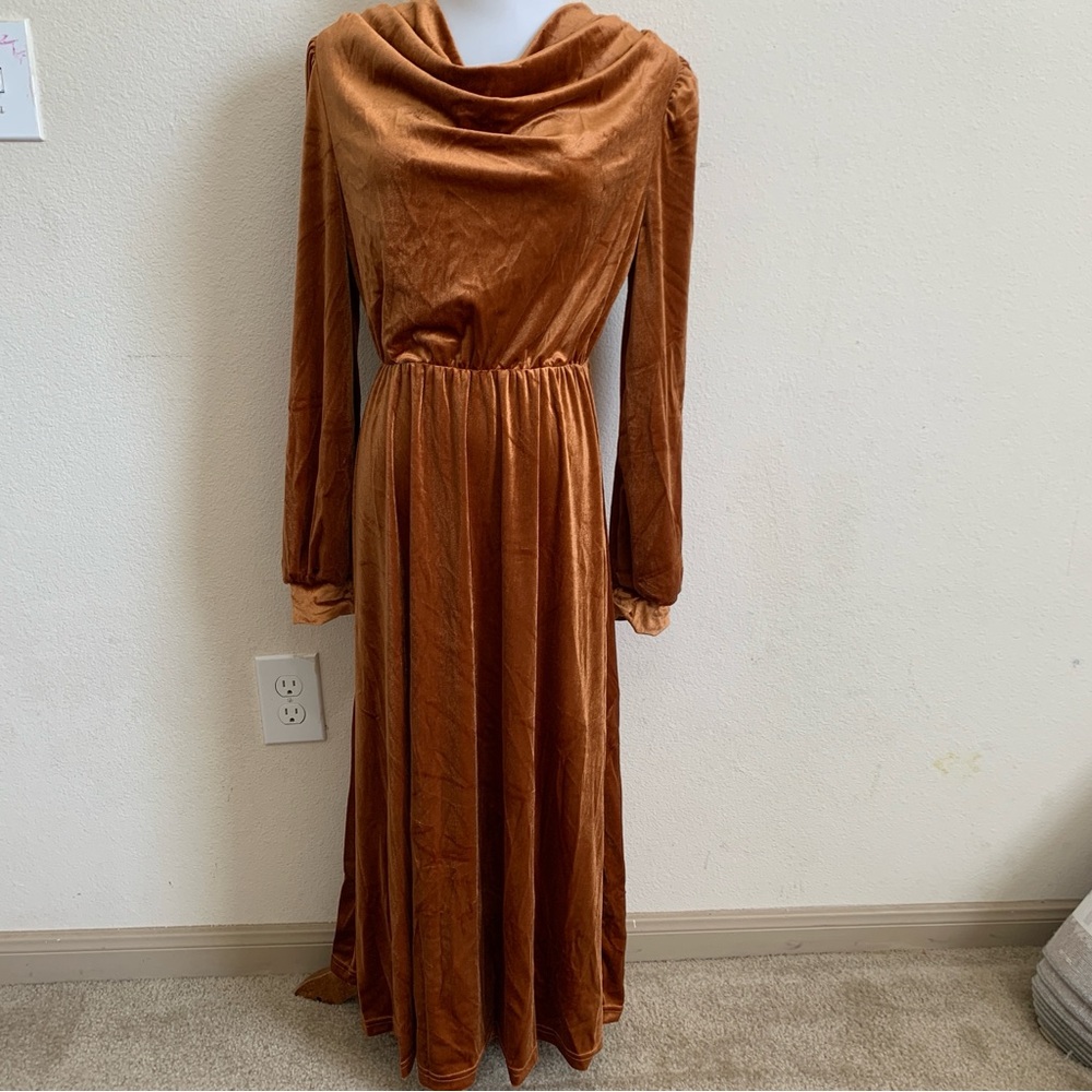 Rust brown velvet long lantern sleeves draped neck women dress size small